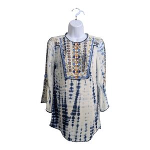 Chico's Embellished Tie-Dye Top Blouse Blue White 3/4 Flare Sleeve Flowy 0/2P